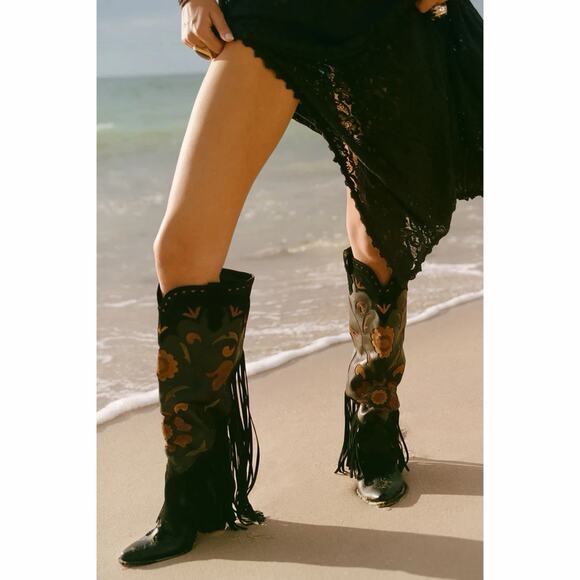 NWT Spell Sannah Fringe Onyx Black Leather Suede Western Tall Boots - Picture 1 of 16
